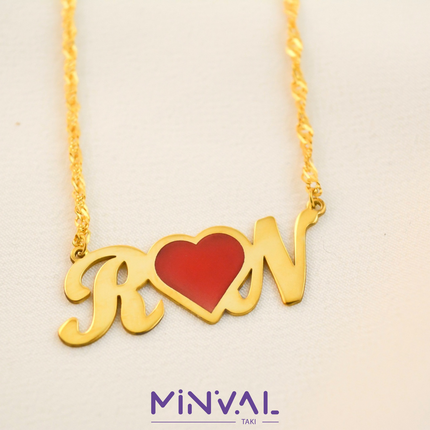 İki Harf Ortası Kırmızı Kalp Kolye - Burgu Zincirli