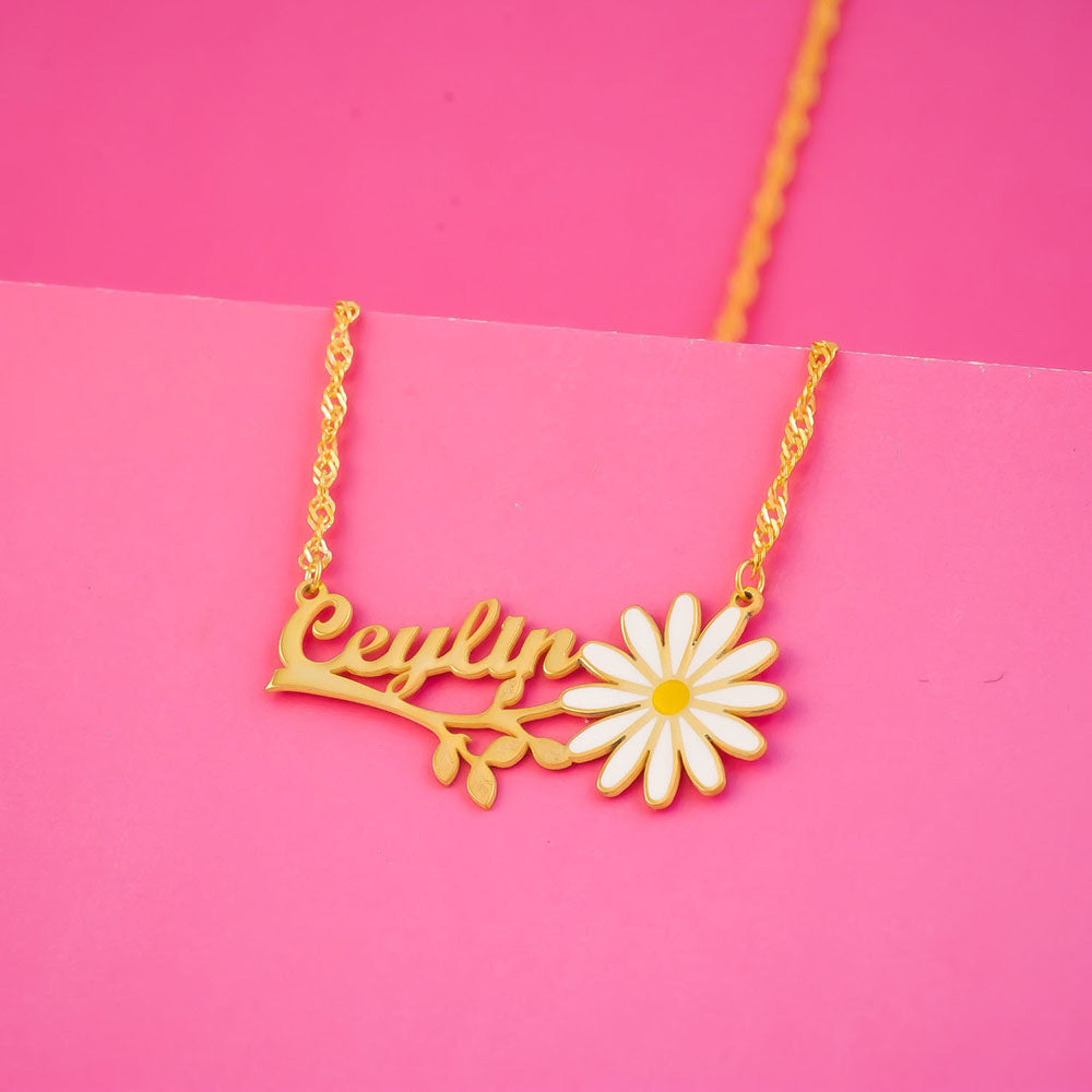 İnce Yapraklı İsimli Papatya Kolye - Burgu Zincirli