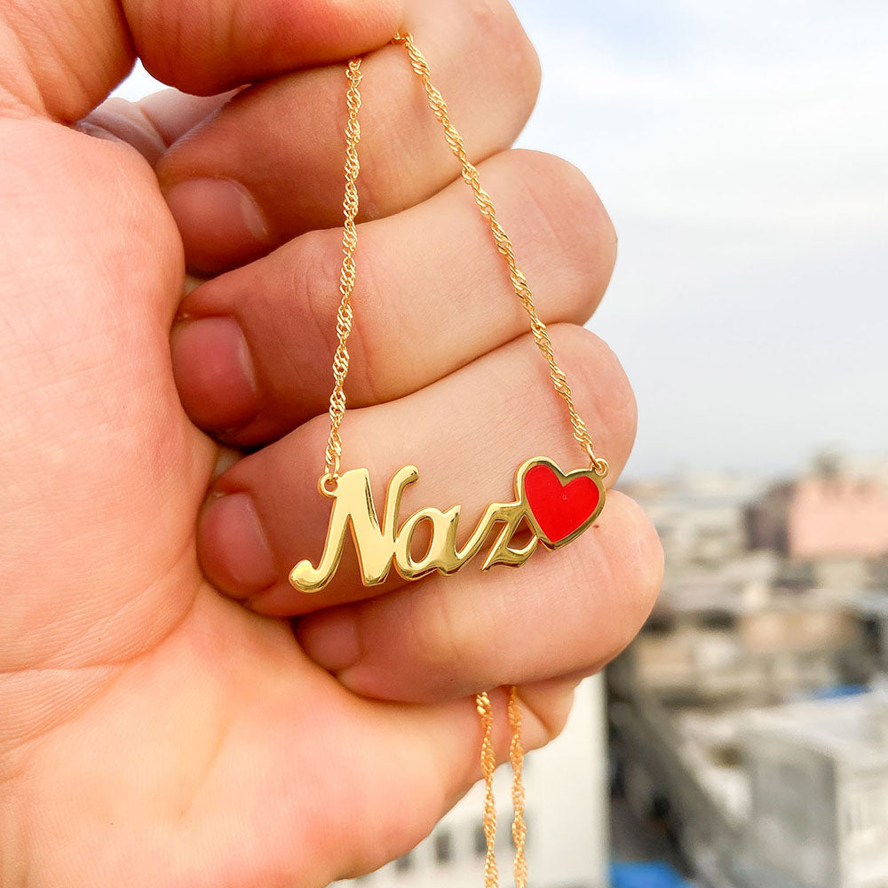 İsim Kırmızı Kalpli Kolye - Burgu Zincirli