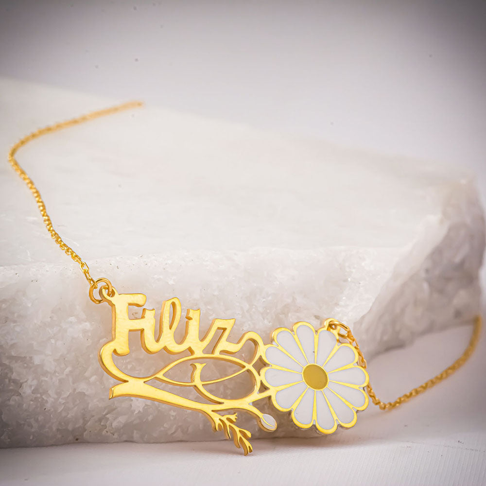 İsimli Kaligrafili Papatya Kolye - Forse Zincirli