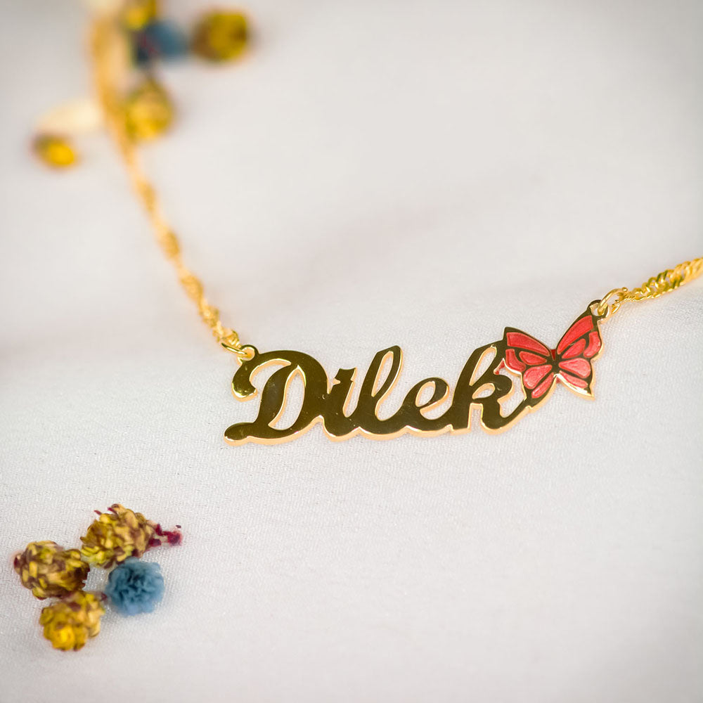 İsimli Kırmızı Kelebek Kolye - Burgu Zincirli