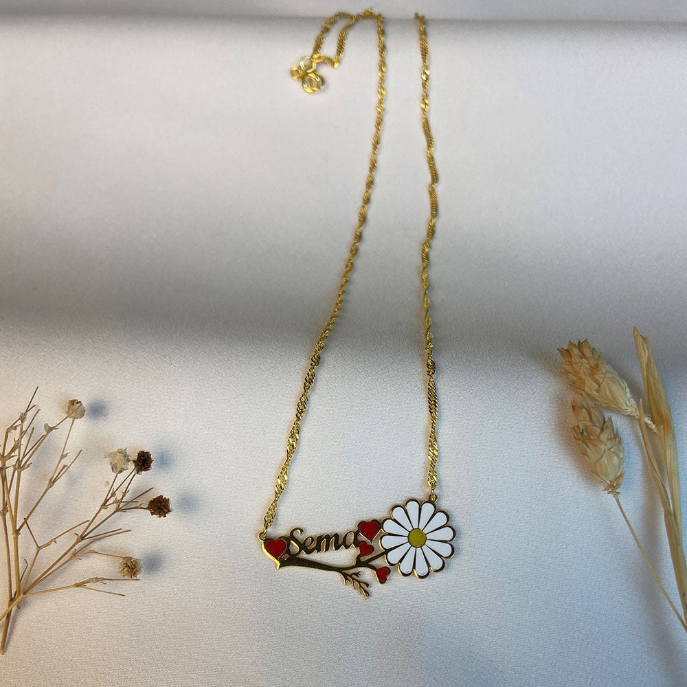 Papatya Küçük Mineli Kalpli Kolye - Burgu Zincirli